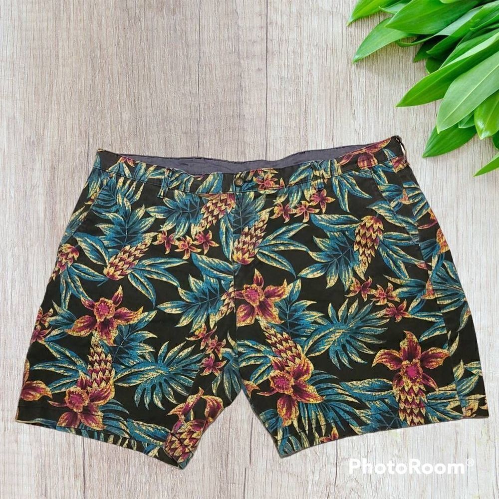 George Men's Shorts 42 Hawaiian Caribbean Vacation Bermuda Black Palm Tree Green
